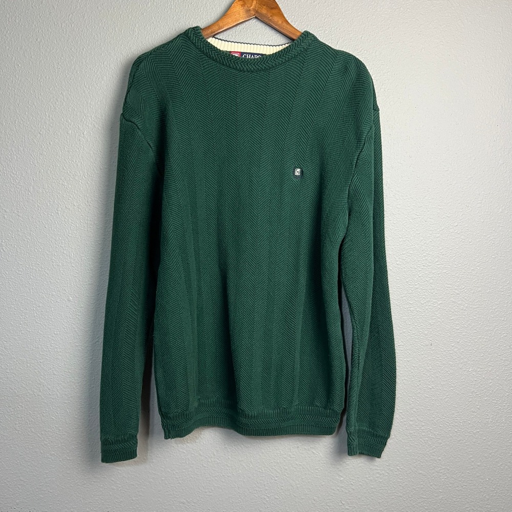 Chaps‎ EST. 1978 Green Cotton Y2K Knit Sweater Crew Neck Herringbone Mens Large